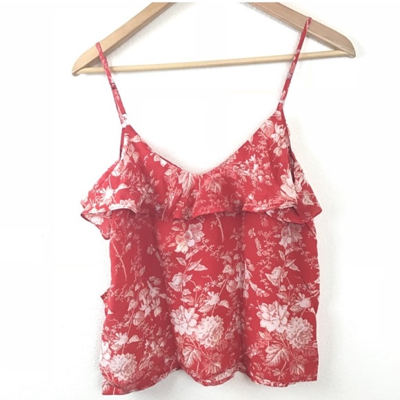 LUCKY BRAND Tank Top Red White Silk Floral Cami Ruffle Accent Top - Picture 6 of 8